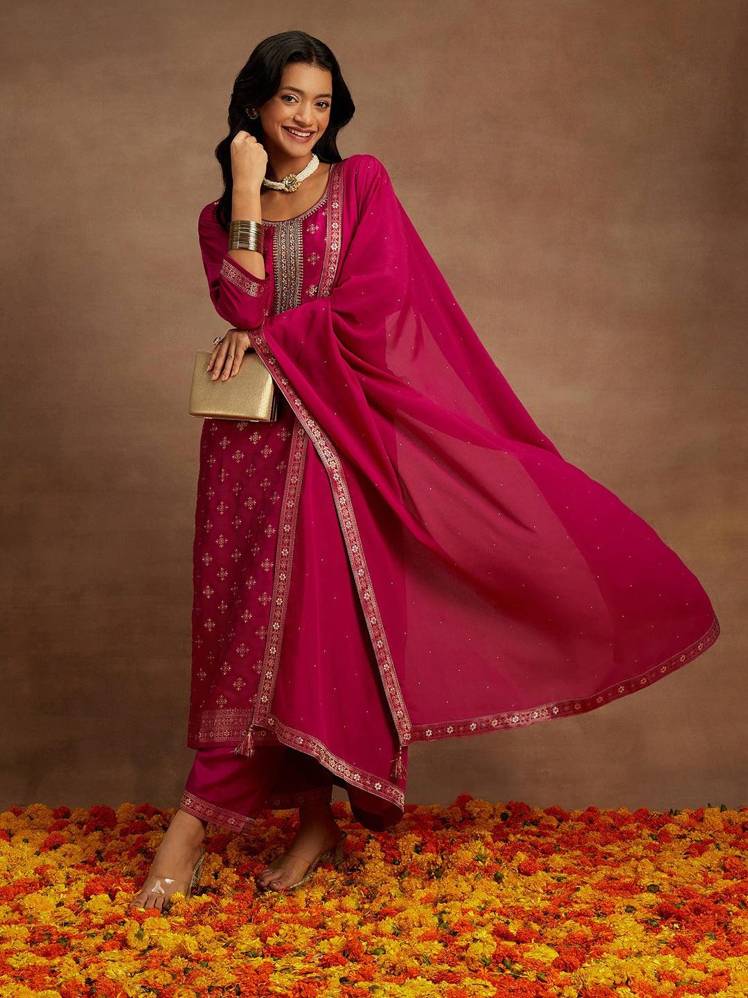 Purple Woven Design Silk Blend Straight Suit With Dupatta