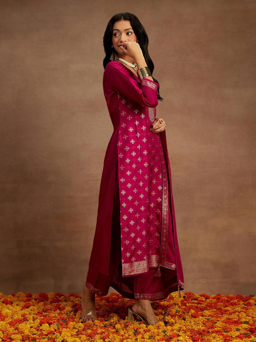 Magenta Woven Design Silk Blend Straight Kurta With Trousers & Dupatta - ShopLibas