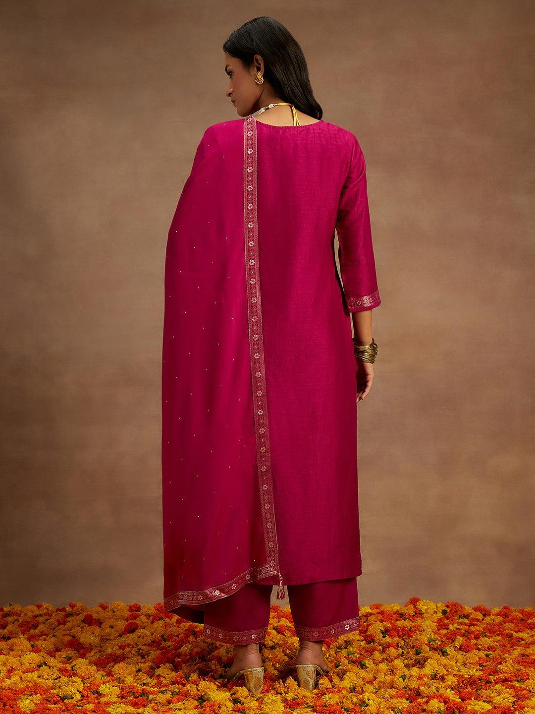 Magenta Woven Design Silk Blend Straight Kurta With Trousers & Dupatta - ShopLibas