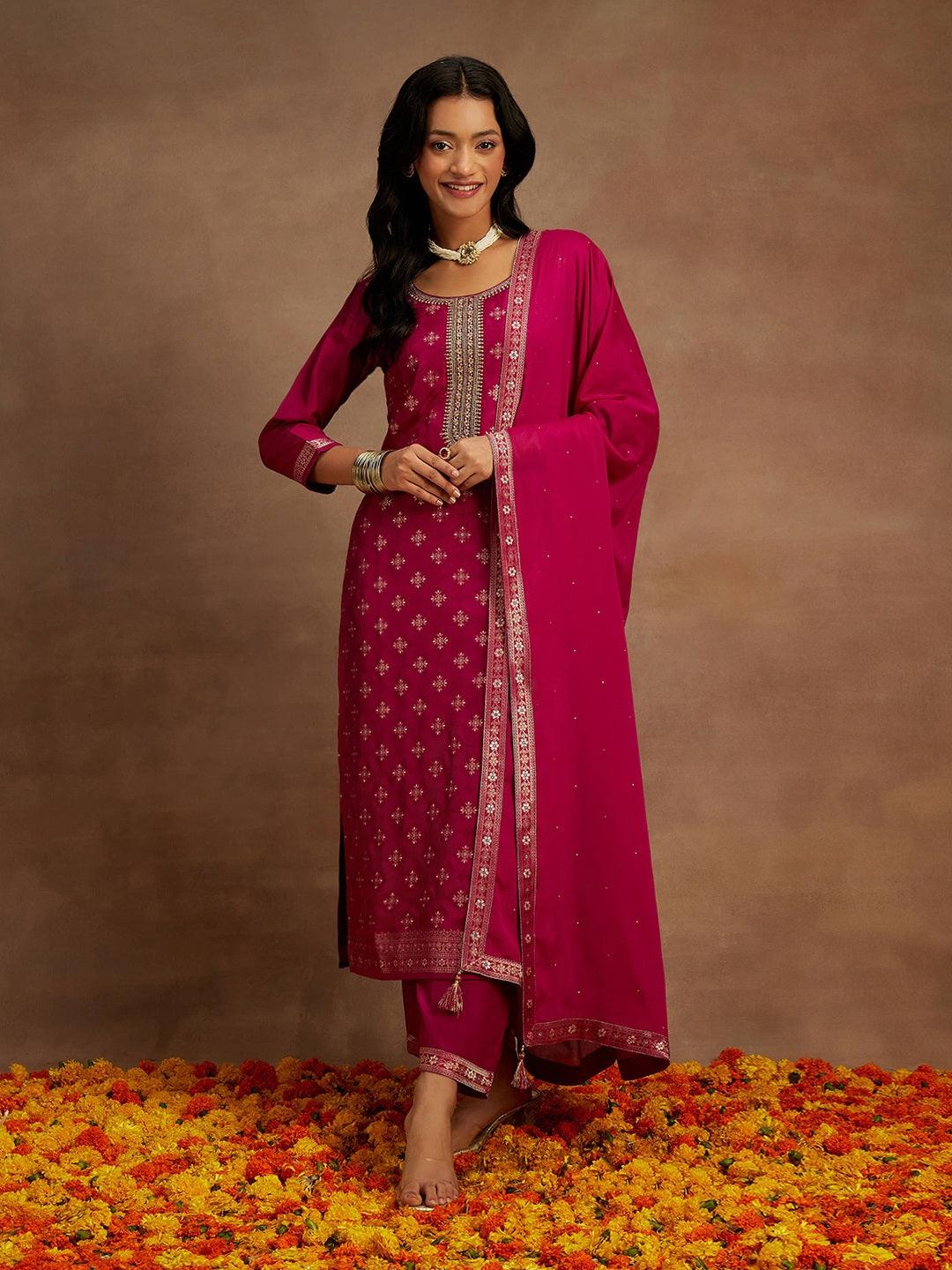 Magenta Woven Design Silk Blend Straight Kurta With Trousers & Dupatta - ShopLibas