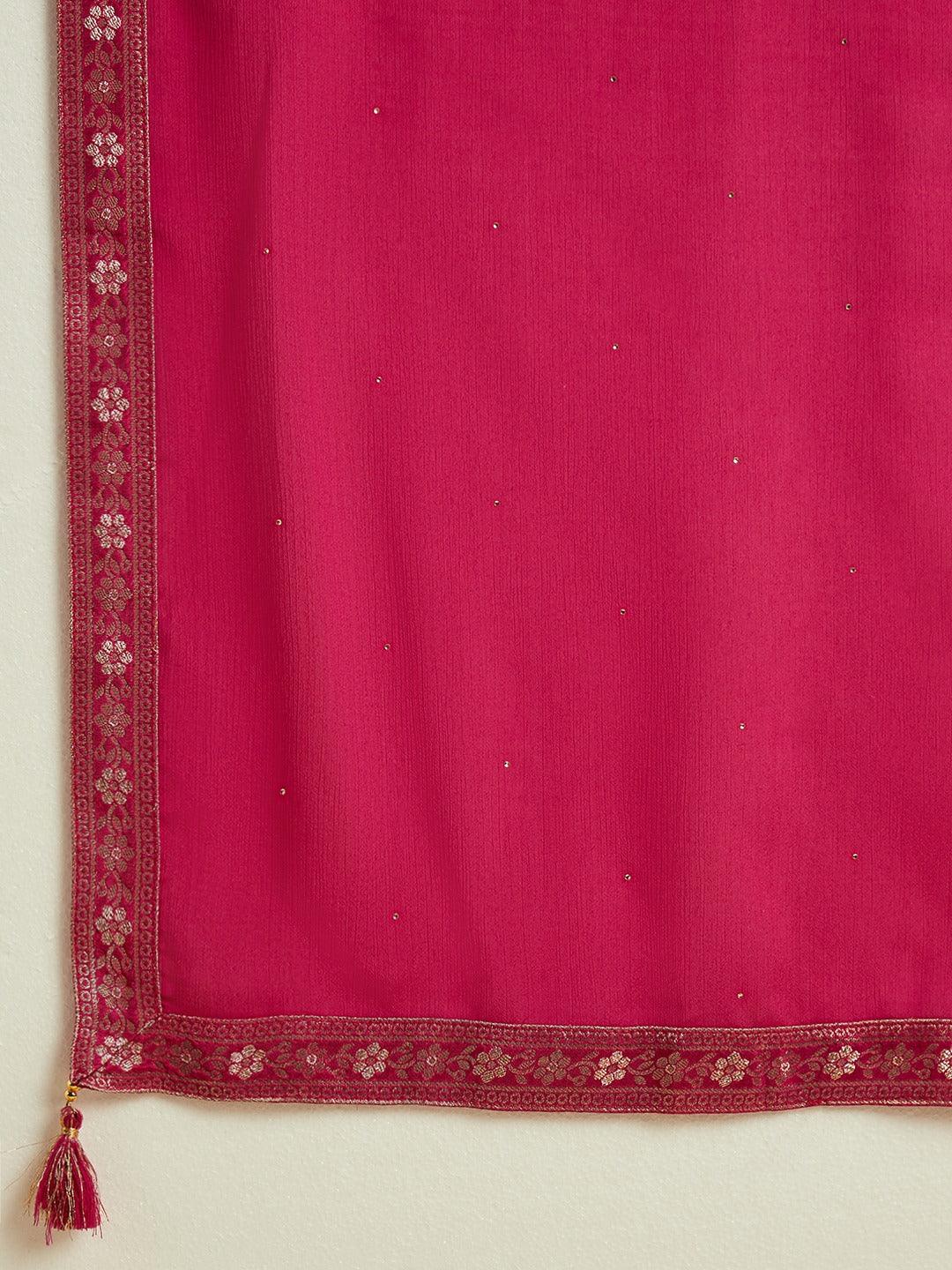 Magenta Woven Design Silk Blend Straight Kurta With Trousers & Dupatta - ShopLibas