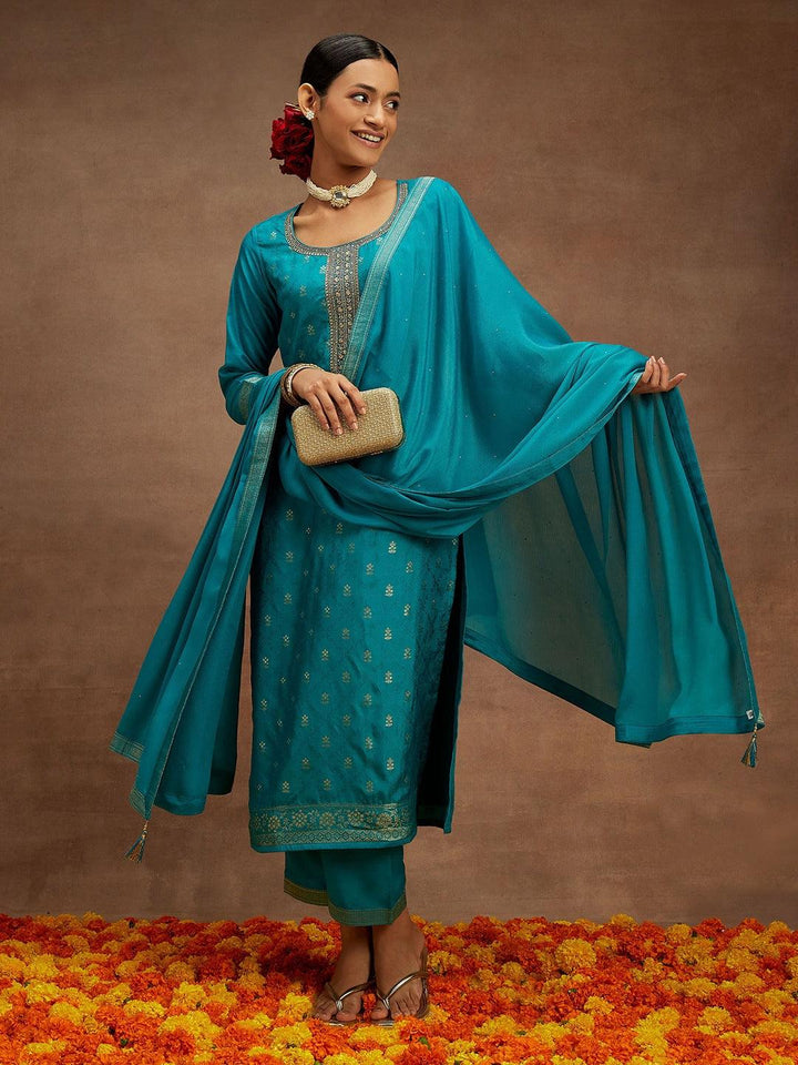 Turquoise Blue Printed Silk Blend Straight Kurta With Trousers & Dupatta - ShopLibas