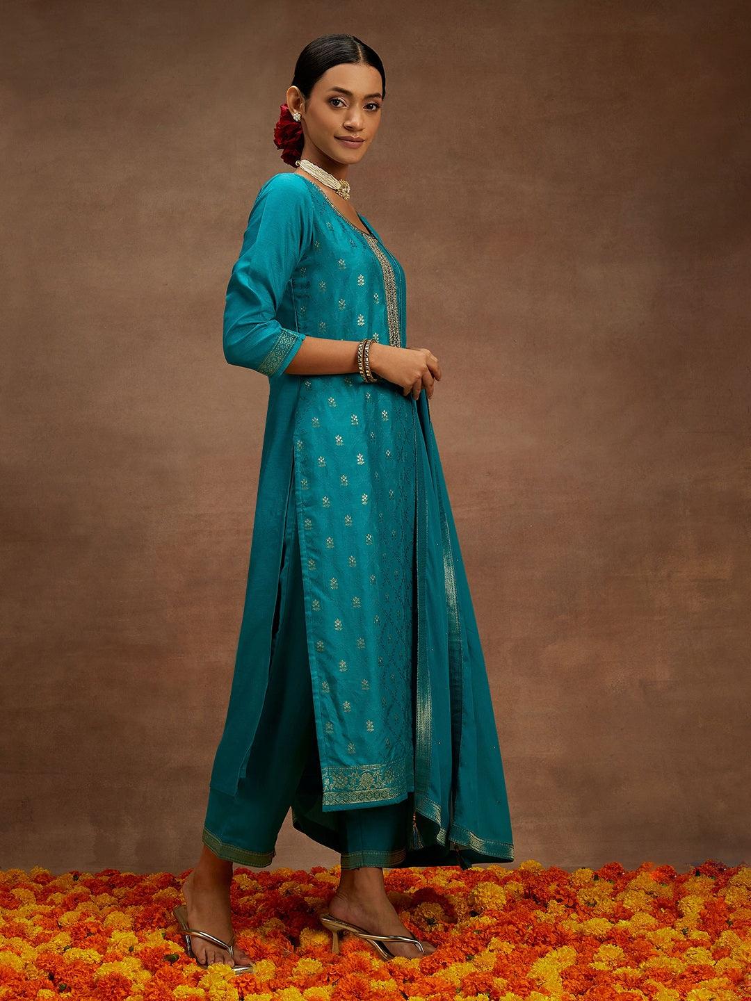 Turquoise Blue Printed Silk Blend Straight Kurta With Trousers & Dupatta - ShopLibas