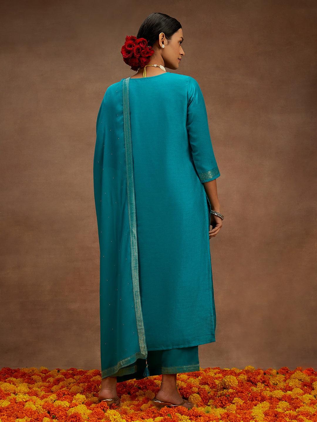 Turquoise Blue Printed Silk Blend Straight Kurta With Trousers & Dupatta - ShopLibas