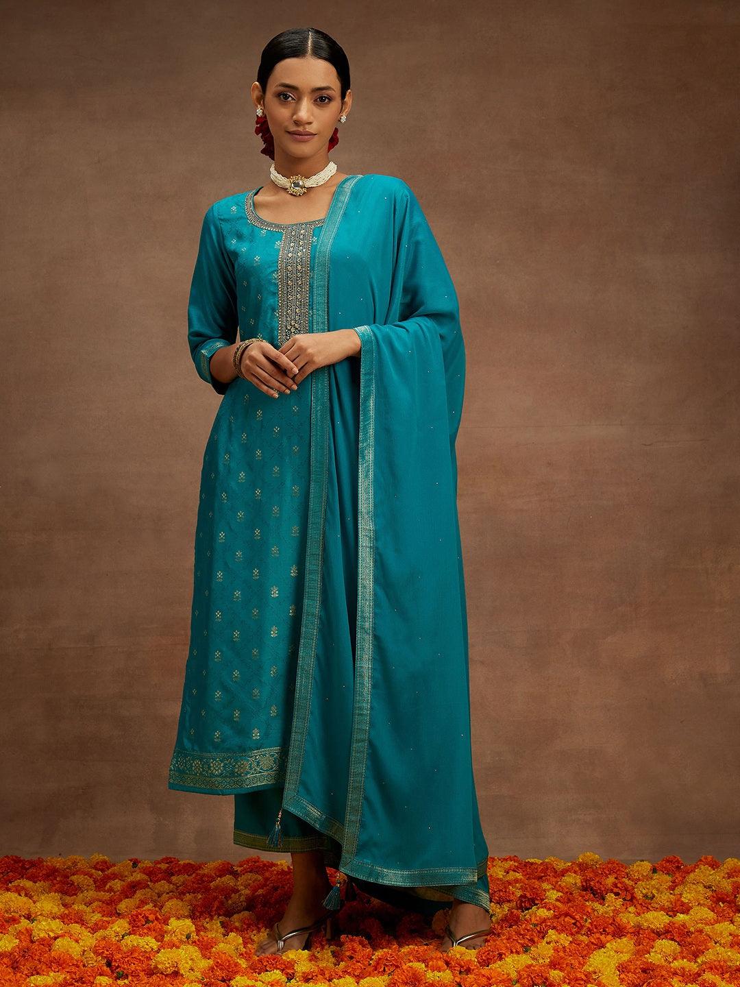 Turquoise Blue Printed Silk Blend Straight Kurta With Trousers & Dupatta - ShopLibas