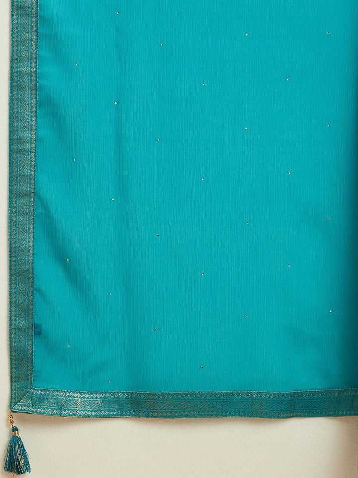 Turquoise Blue Printed Silk Blend Straight Kurta With Trousers & Dupatta - ShopLibas