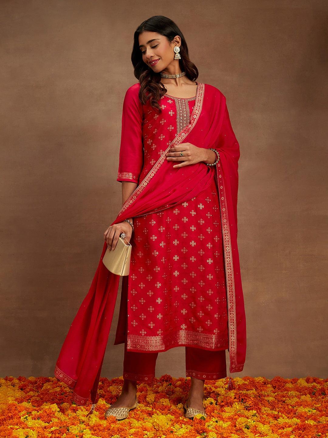 Pink Printed Silk Blend Straight Suit With Dupatta