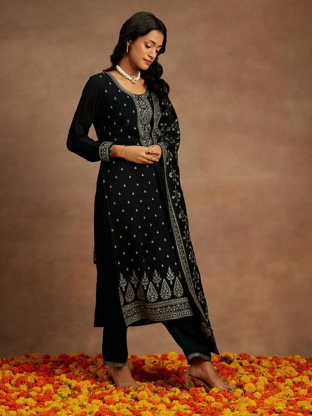 Black Embroidered Silk Blend Straight Kurta With Trousers & Dupatta - ShopLibas