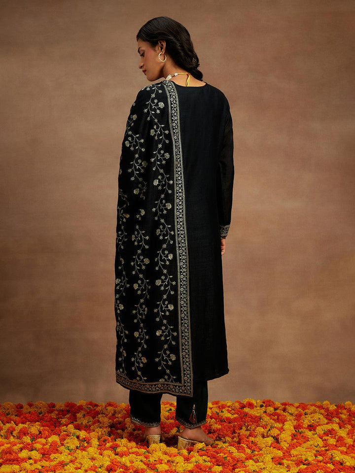 Black Embroidered Silk Blend Straight Kurta With Trousers & Dupatta - ShopLibas