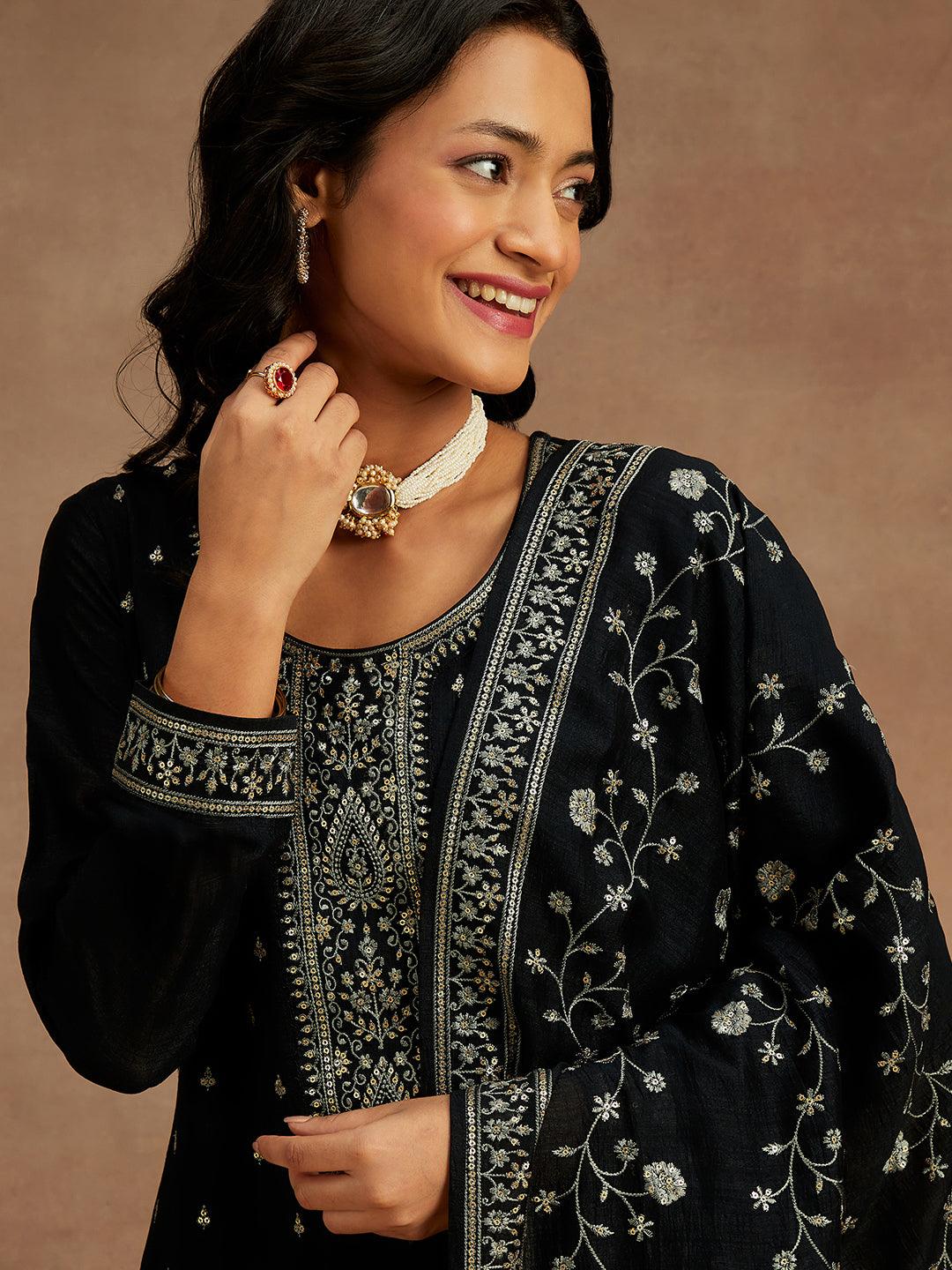 Black Embroidered Silk Blend Straight Kurta With Trousers & Dupatta - ShopLibas