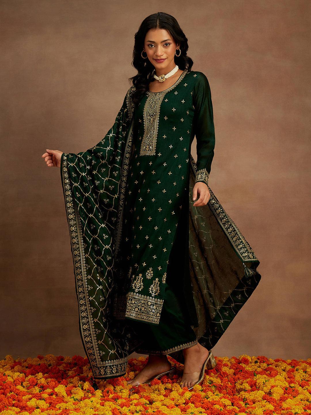 Bottle Green Embroidered Silk Blend Straight Kurta With Trousers & Dupatta - ShopLibas