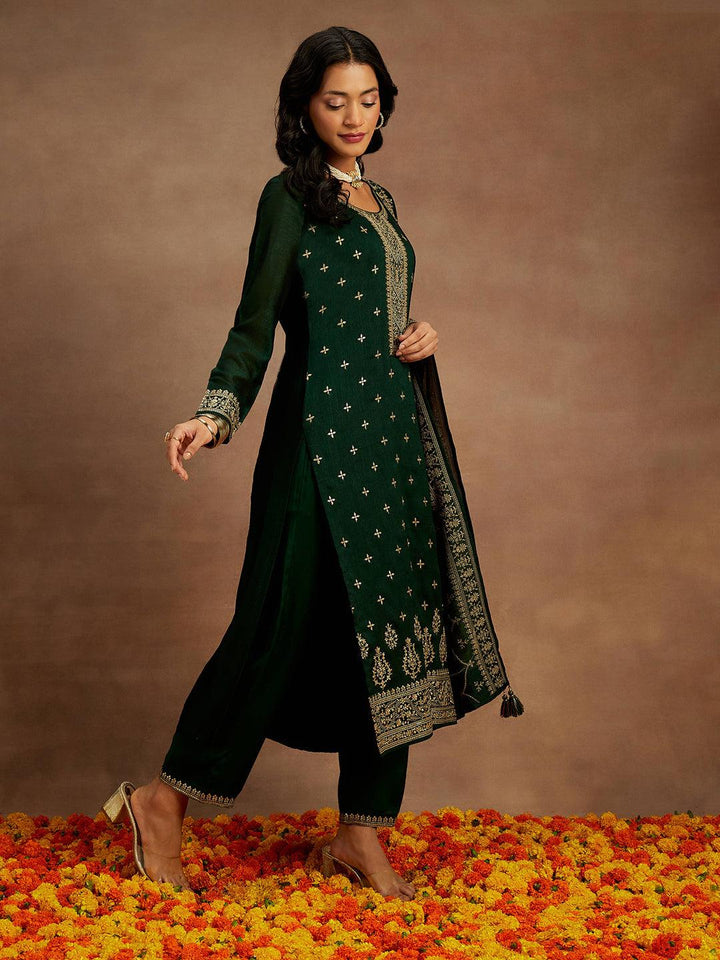 Bottle Green Embroidered Silk Blend Straight Kurta With Trousers & Dupatta - ShopLibas