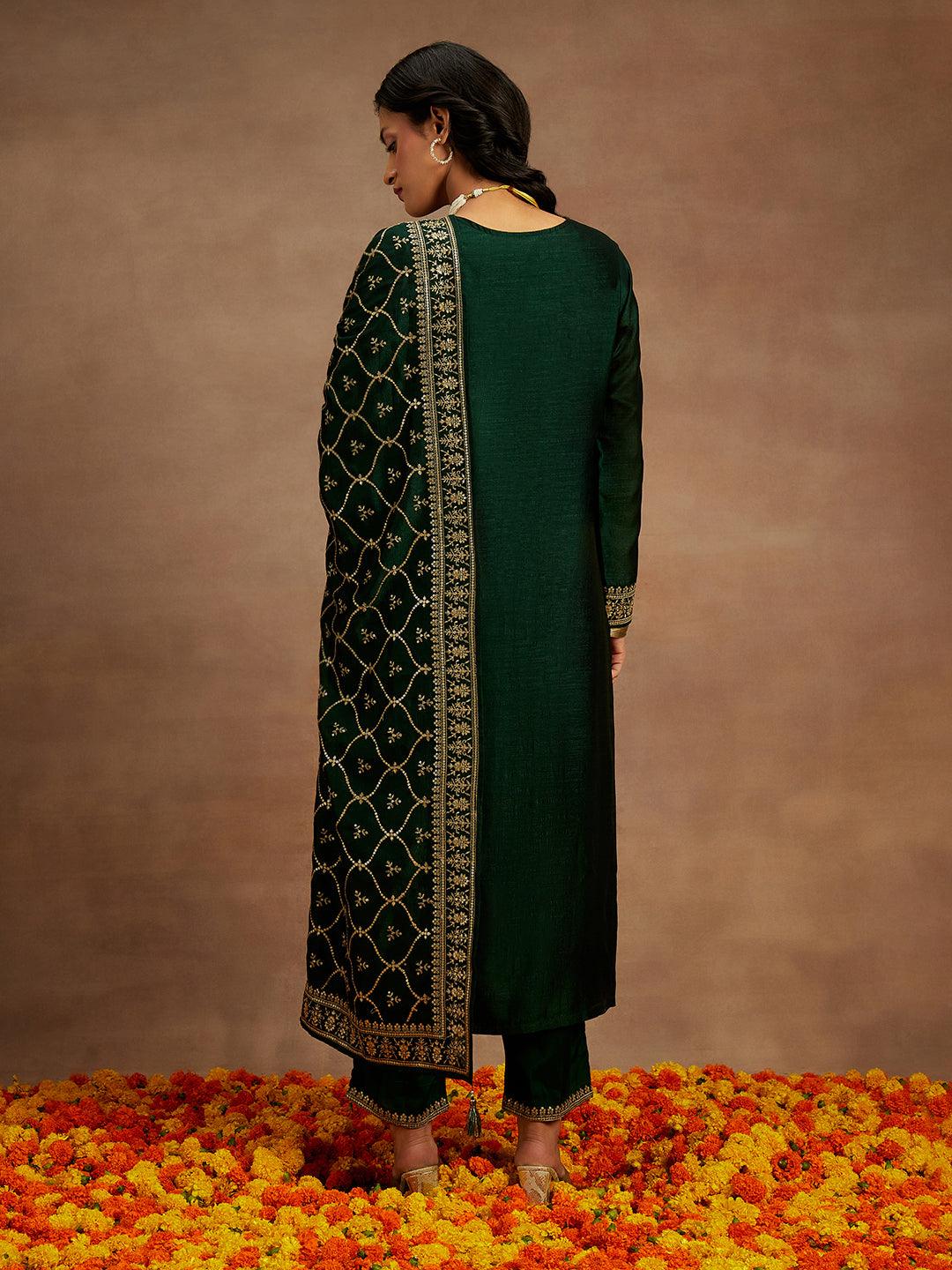 Bottle Green Embroidered Silk Blend Straight Kurta With Trousers & Dupatta - ShopLibas