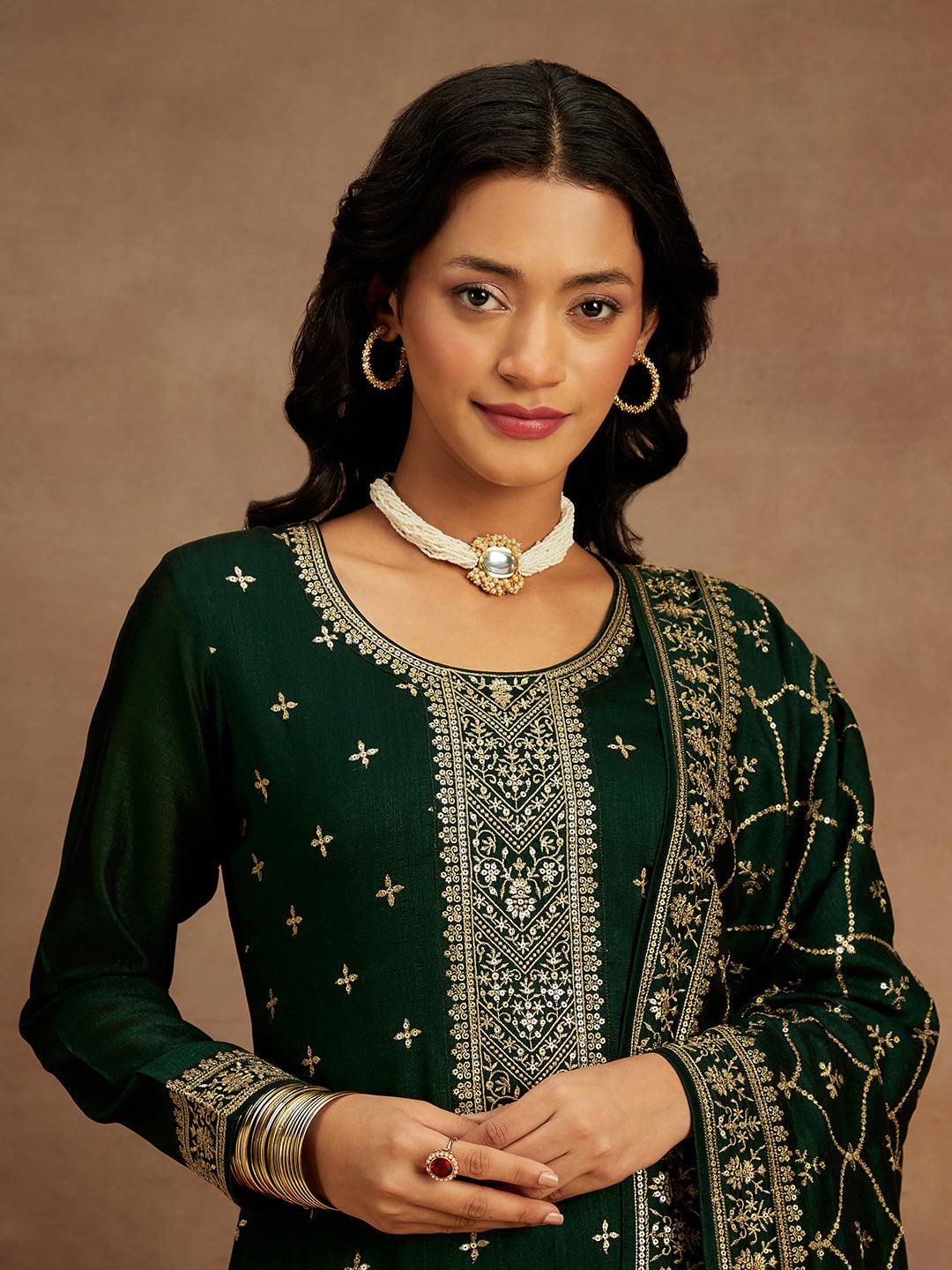 Bottle Green Embroidered Silk Blend Straight Kurta With Trousers & Dupatta - ShopLibas