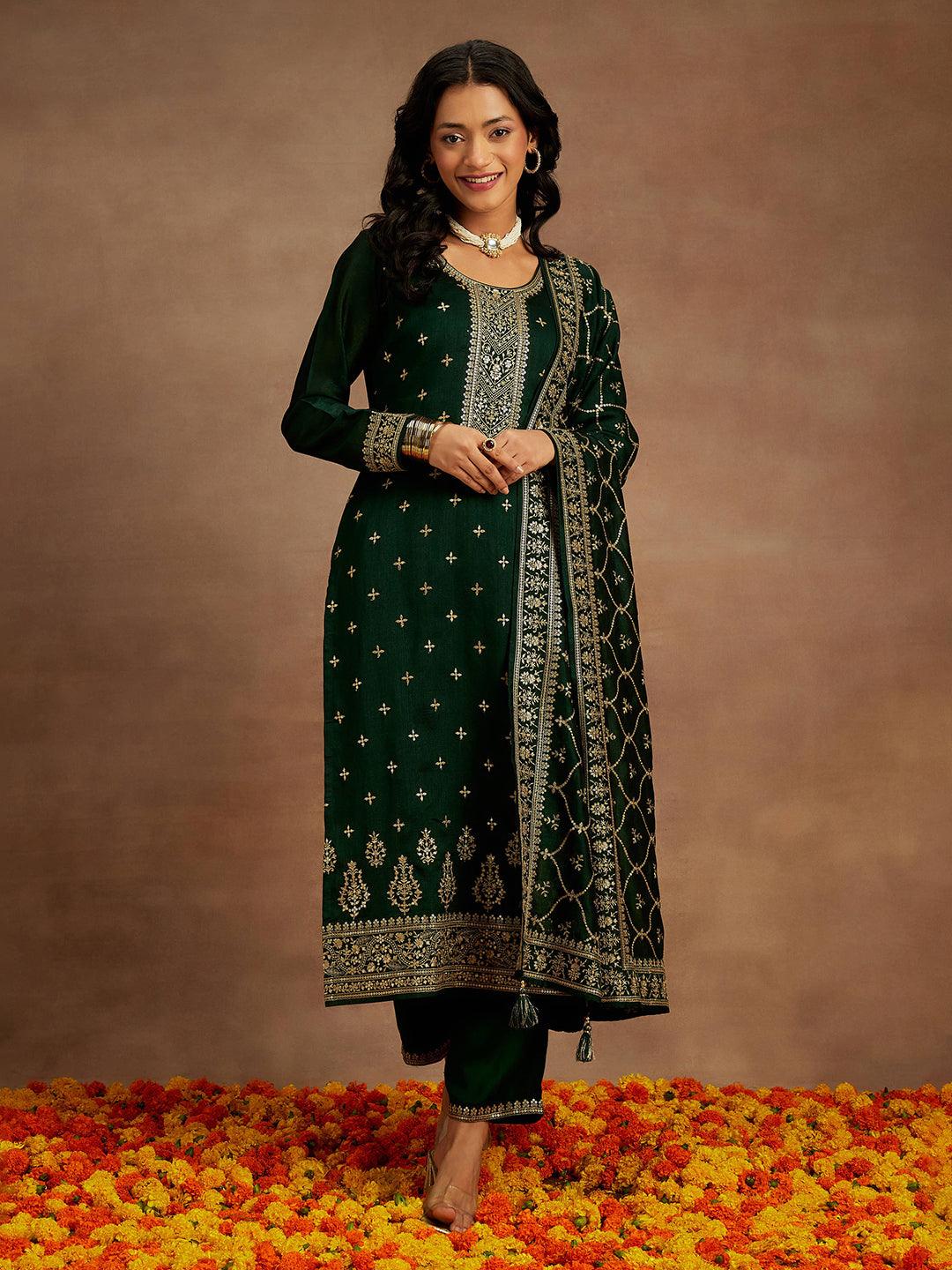 Green Embroidered Silk Blend Straight Suit With Dupatta