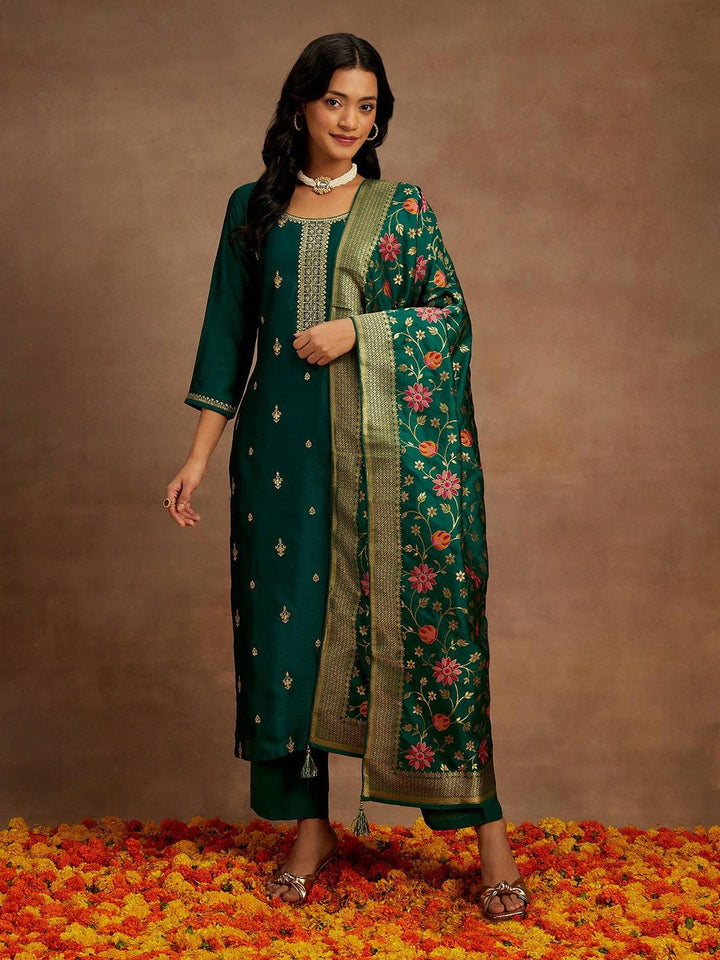 Bottle Green Embroidered Silk Blend Straight Kurta With Trousers & Dupatta - ShopLibas