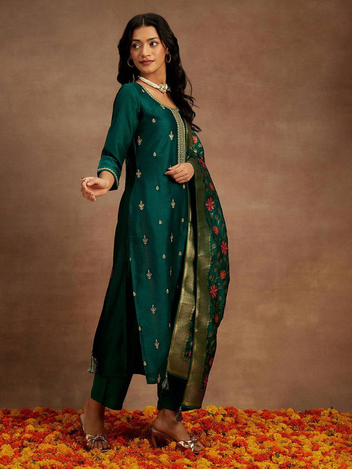 Bottle Green Embroidered Silk Blend Straight Kurta With Trousers & Dupatta - ShopLibas