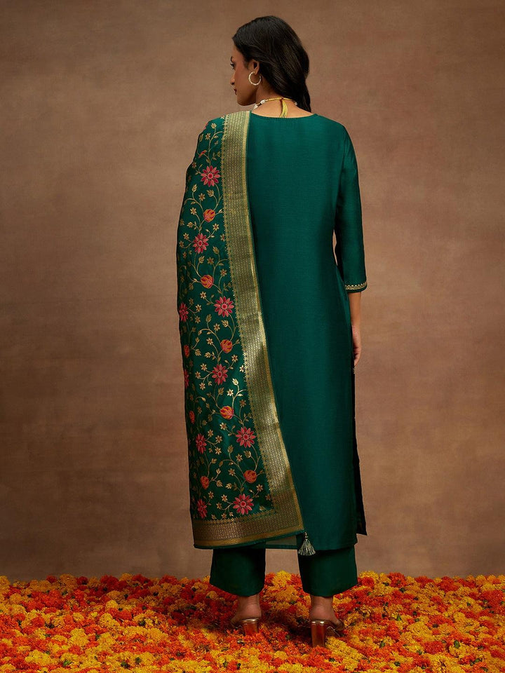 Bottle Green Embroidered Silk Blend Straight Kurta With Trousers & Dupatta - ShopLibas