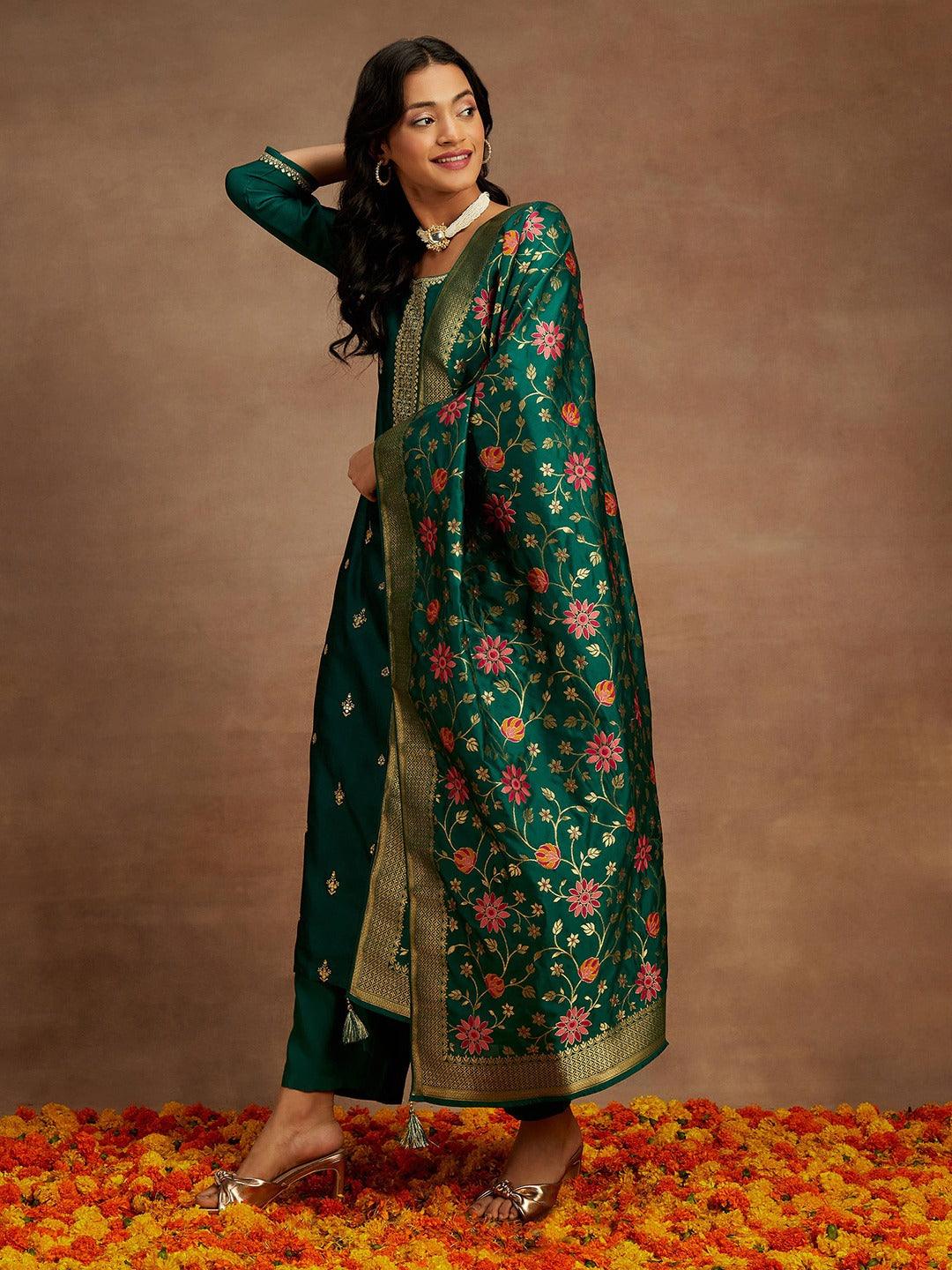 Bottle Green Embroidered Silk Blend Straight Kurta With Trousers & Dupatta - ShopLibas