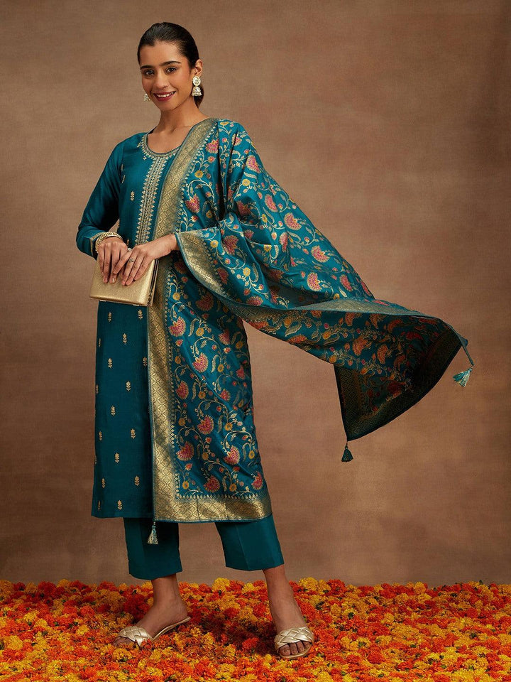 Teal Embroidered Silk Blend Straight Kurta With Trousers & Dupatta - ShopLibas