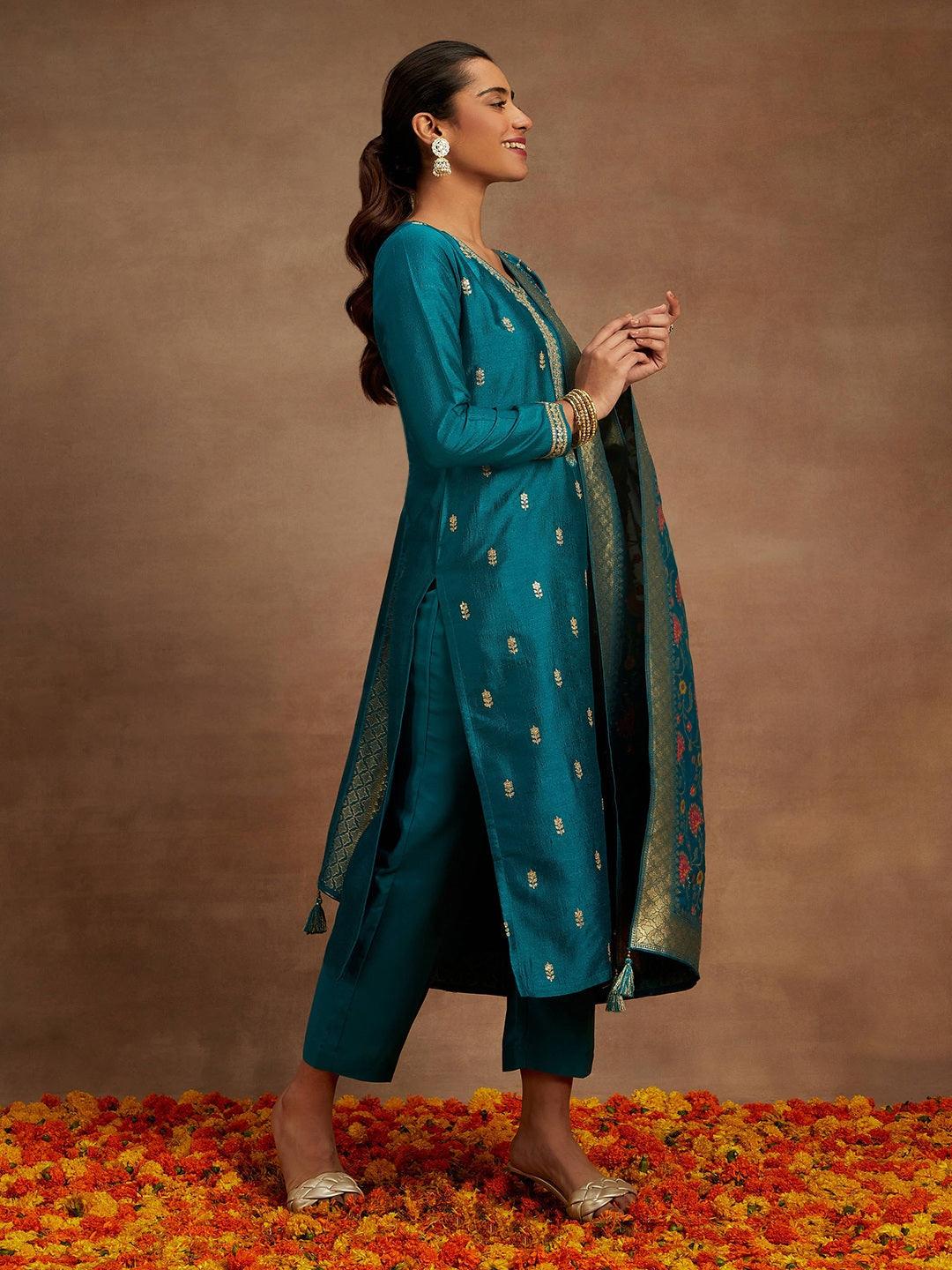 Teal Embroidered Silk Blend Straight Kurta With Trousers & Dupatta - ShopLibas