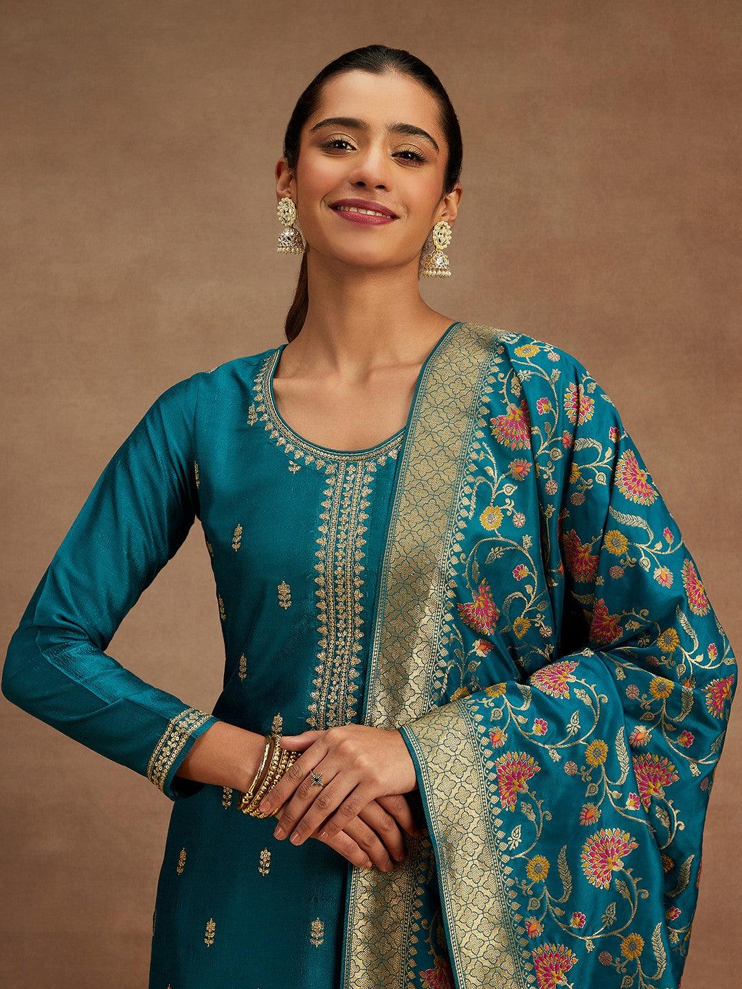 Teal Embroidered Silk Blend Straight Kurta With Trousers & Dupatta - ShopLibas