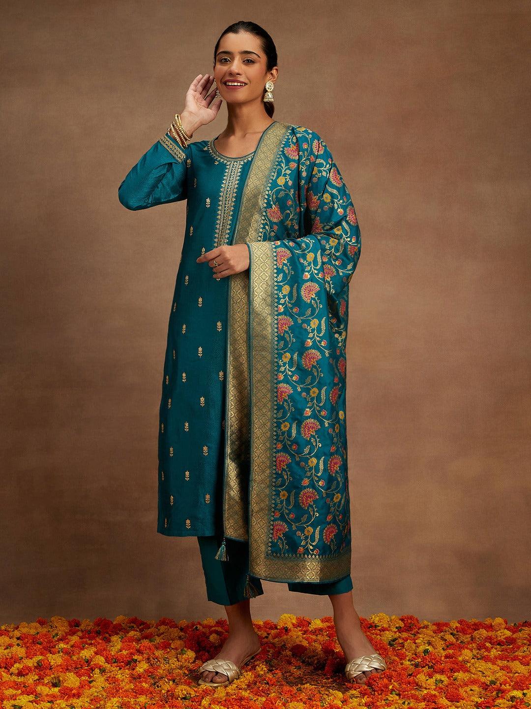 Teal Embroidered Silk Blend Straight Suit With Dupatta