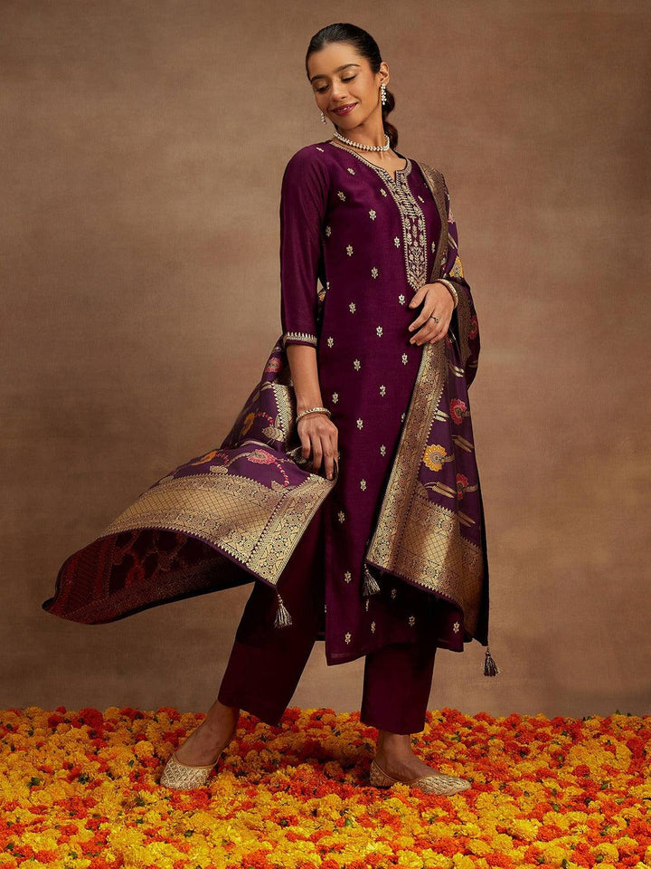 Burgundy Embroidered Silk Blend Straight Kurta With Trousers & Dupatta - ShopLibas