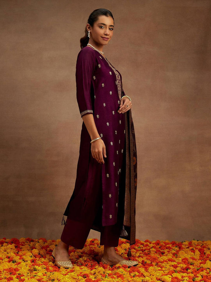 Burgundy Embroidered Silk Blend Straight Kurta With Trousers & Dupatta - ShopLibas