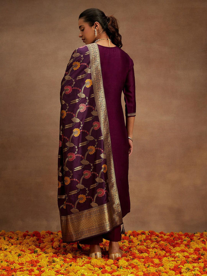 Burgundy Embroidered Silk Blend Straight Kurta With Trousers & Dupatta - ShopLibas