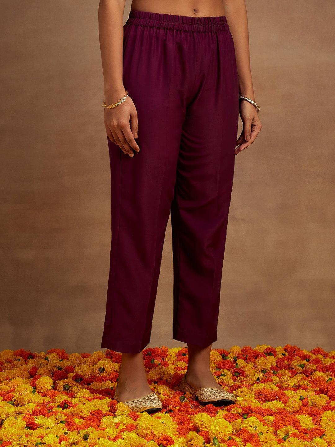 Burgundy Embroidered Silk Blend Straight Kurta With Trousers & Dupatta - ShopLibas