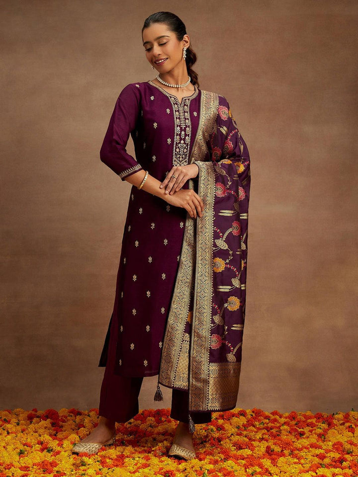 Burgundy Embroidered Silk Blend Straight Kurta With Trousers & Dupatta - ShopLibas