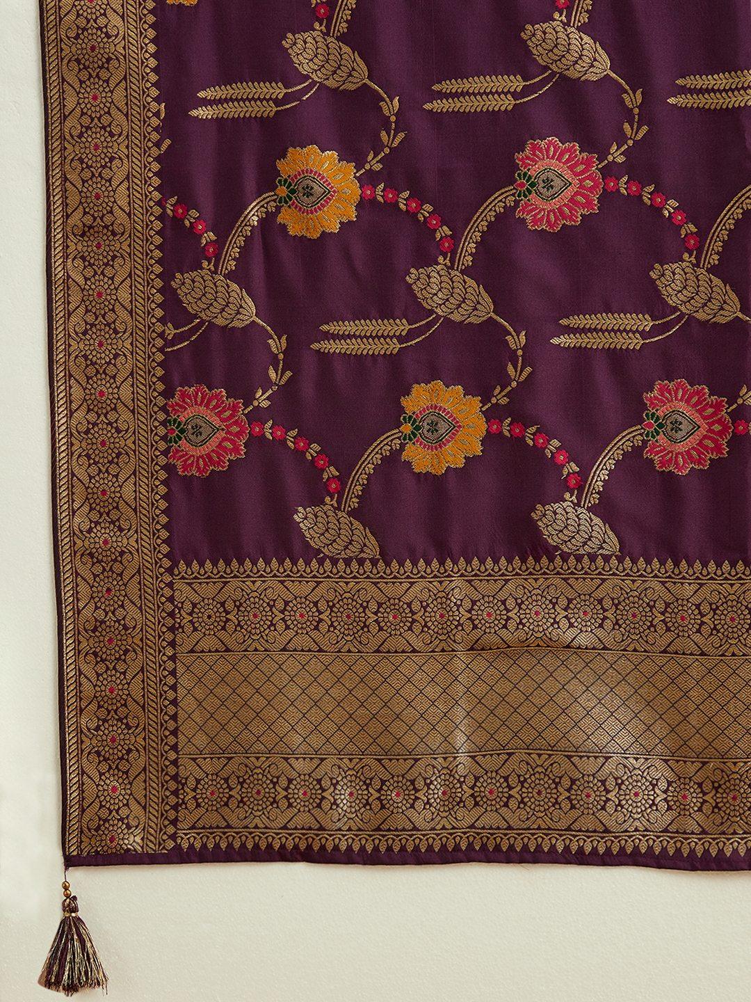 Burgundy Embroidered Silk Blend Straight Kurta With Trousers & Dupatta - ShopLibas