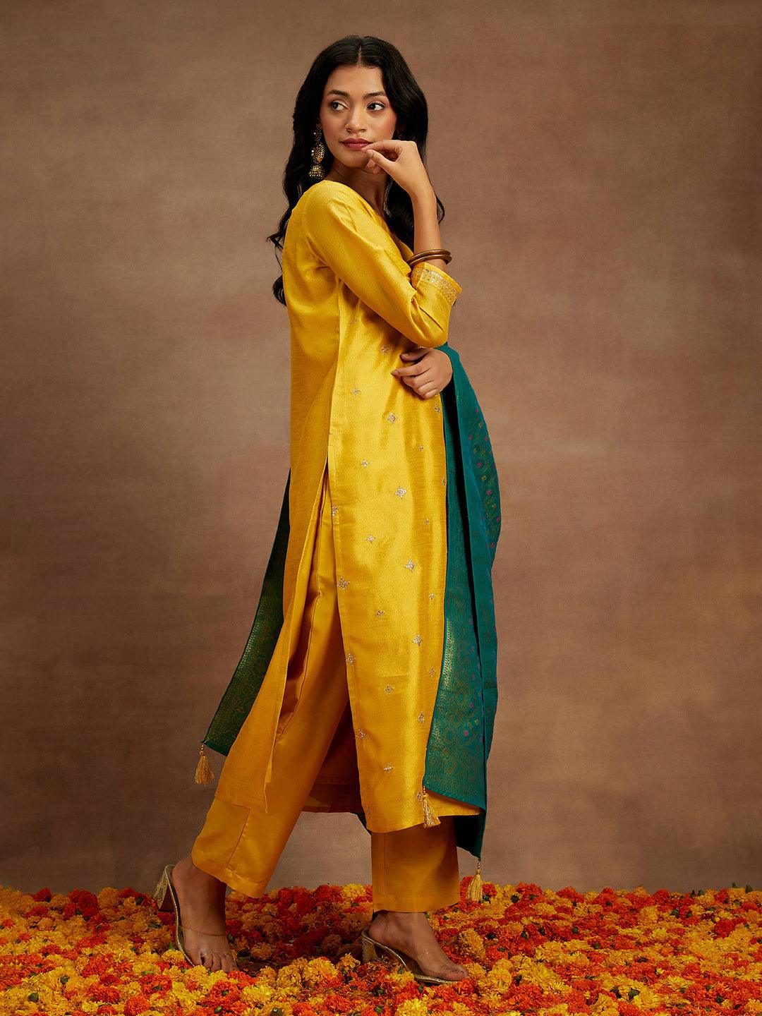 Yellow Embroidered Silk Blend Straight Kurta With Trousers & Dupatta - ShopLibas