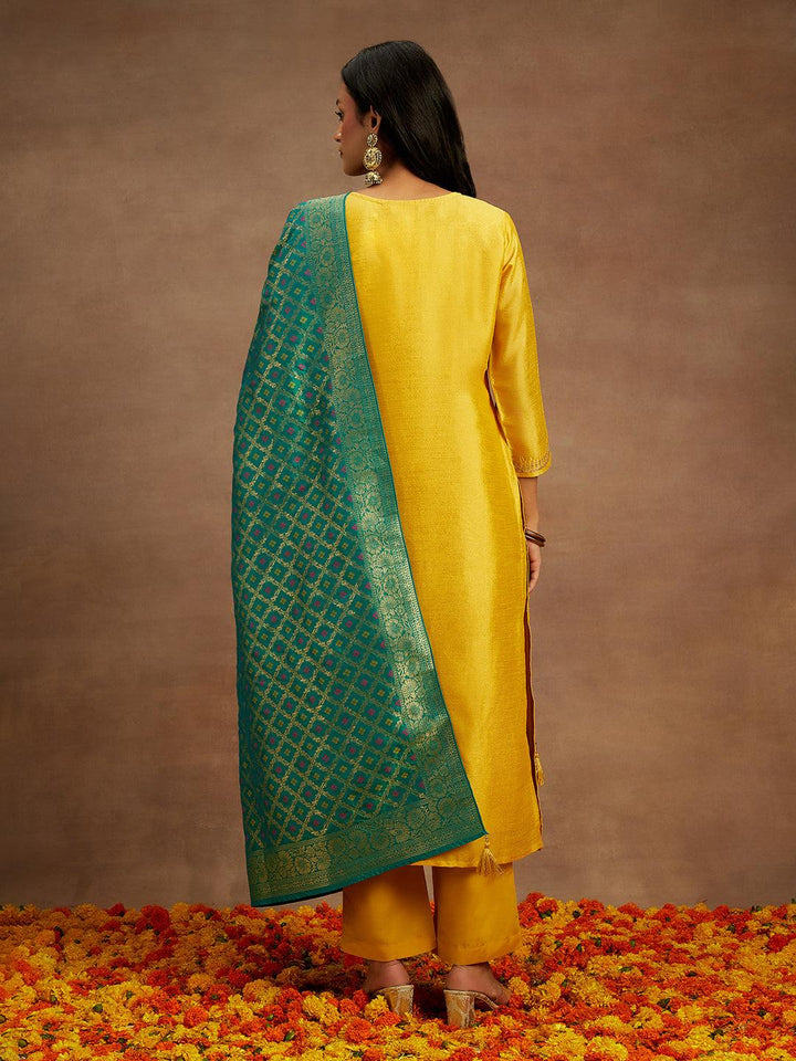 Yellow Embroidered Silk Blend Straight Kurta With Trousers & Dupatta - ShopLibas