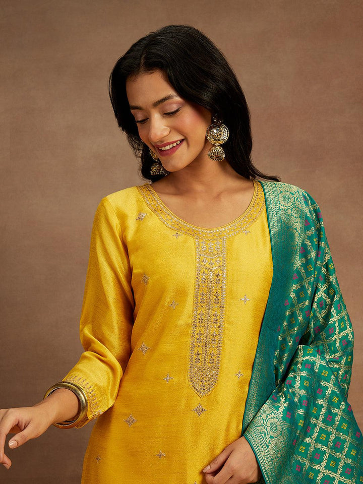 Yellow Embroidered Silk Blend Straight Kurta With Trousers & Dupatta - ShopLibas