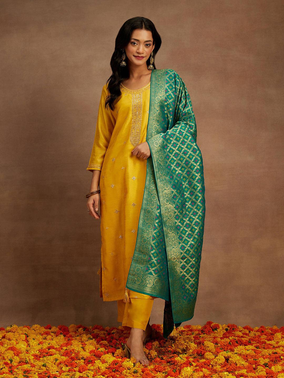 Yellow Embroidered Silk Blend Straight Kurta With Trousers & Dupatta - ShopLibas