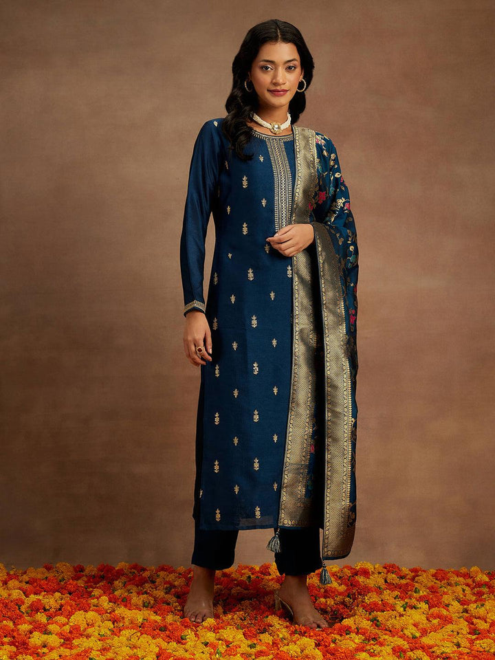 Teal Blue Embroidered Silk Blend Straight Kurta With Trousers & Dupatta - ShopLibas