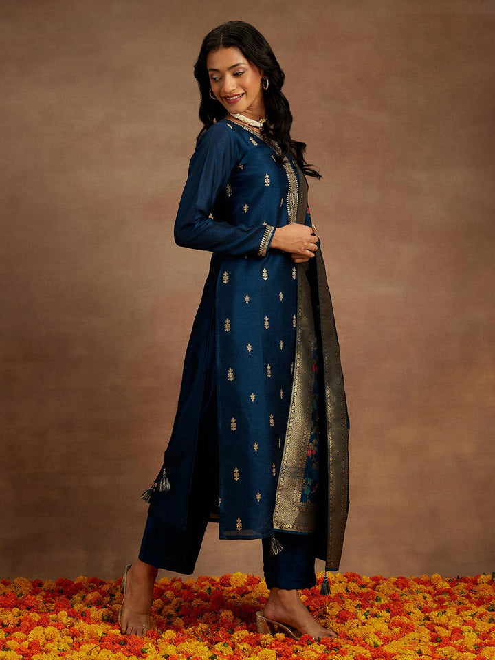 Teal Blue Embroidered Silk Blend Straight Kurta With Trousers & Dupatta - ShopLibas