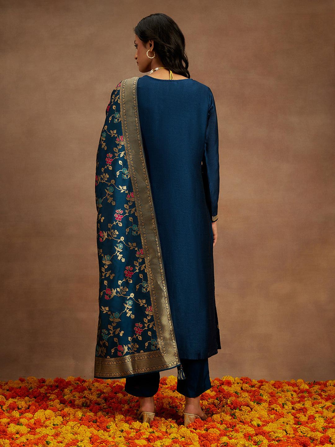 Teal Embroidered Silk Blend Straight Suit With Dupatta