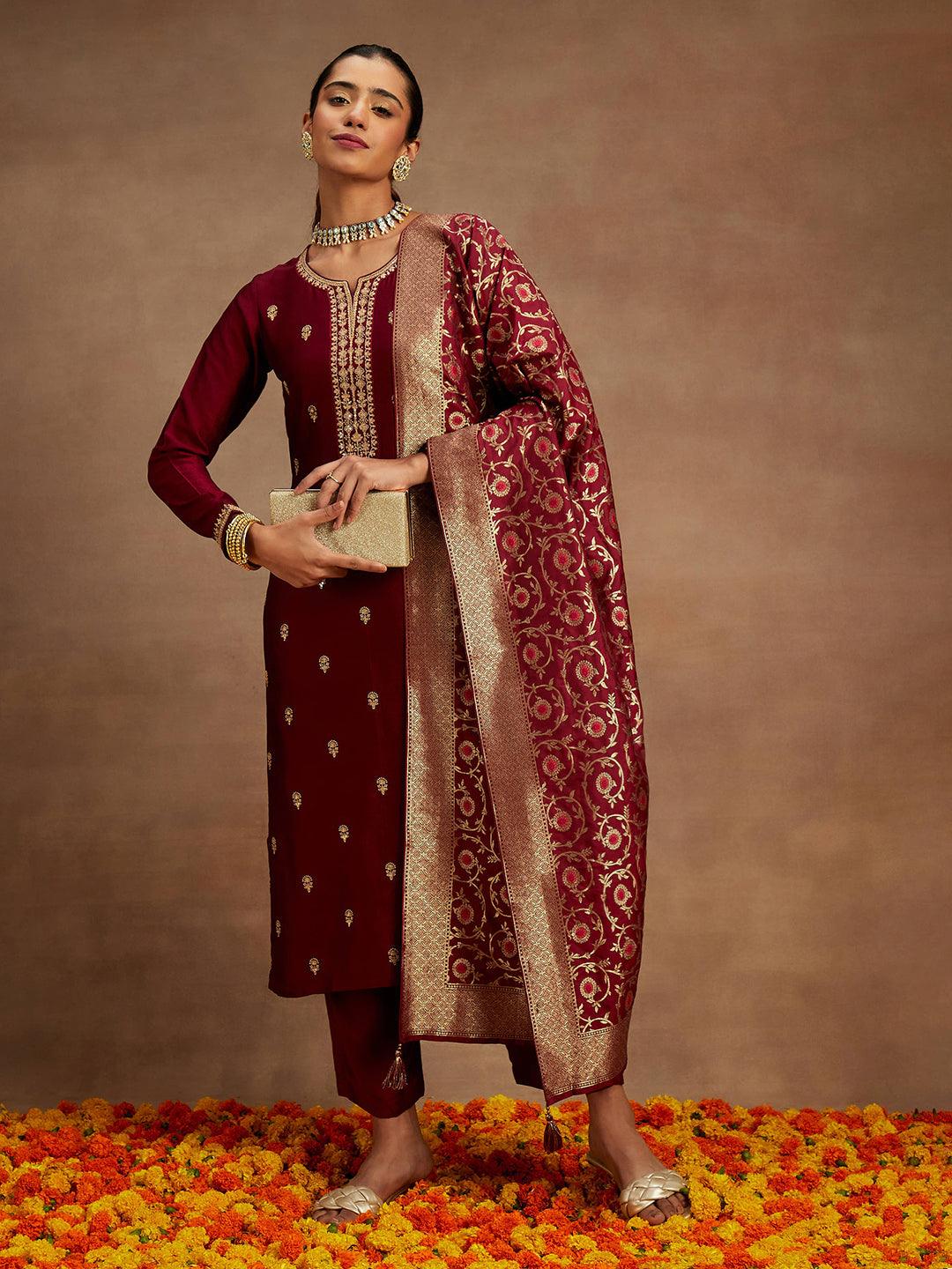 Maroon Embroidered Silk Blend Straight Kurta With Trousers & Dupatta - ShopLibas