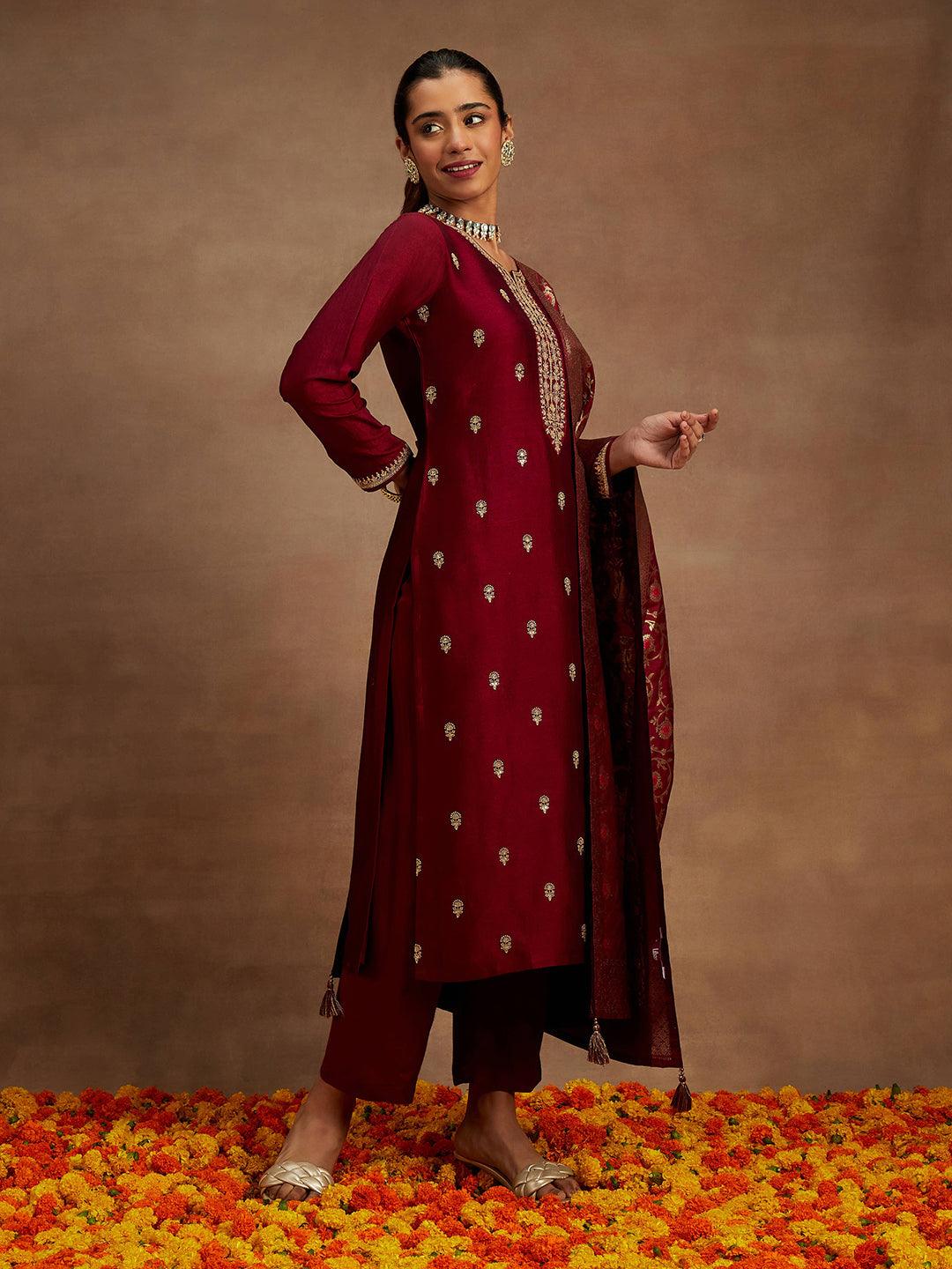 Maroon Embroidered Silk Blend Straight Kurta With Trousers & Dupatta - ShopLibas