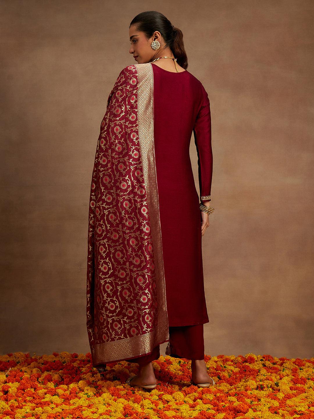 Maroon Embroidered Silk Blend Straight Kurta With Trousers & Dupatta - ShopLibas