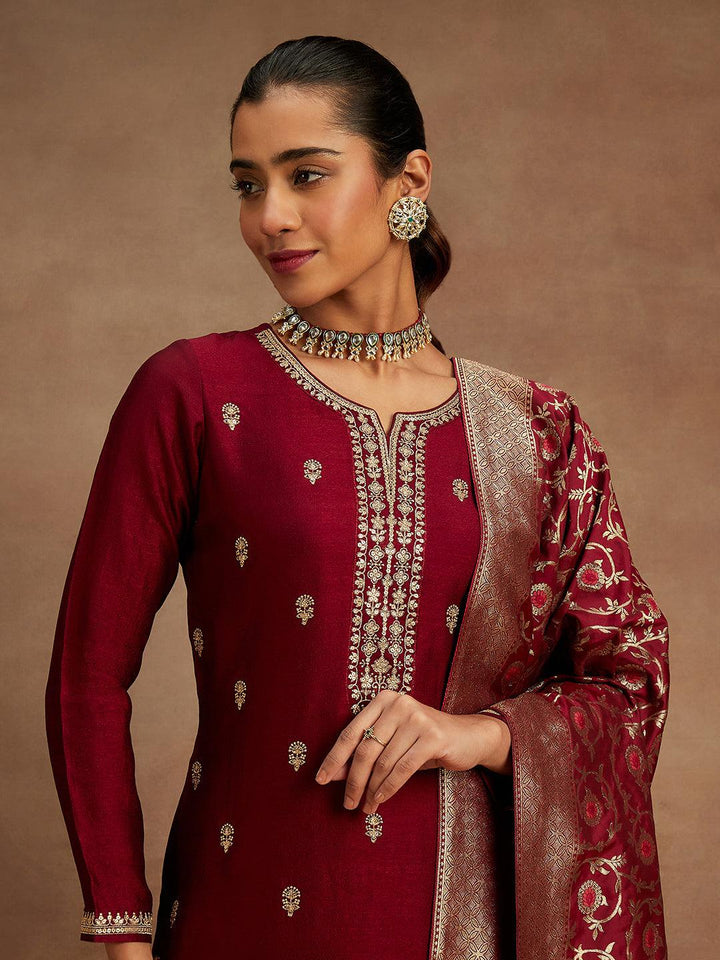 Maroon Embroidered Silk Blend Straight Kurta With Trousers & Dupatta - ShopLibas