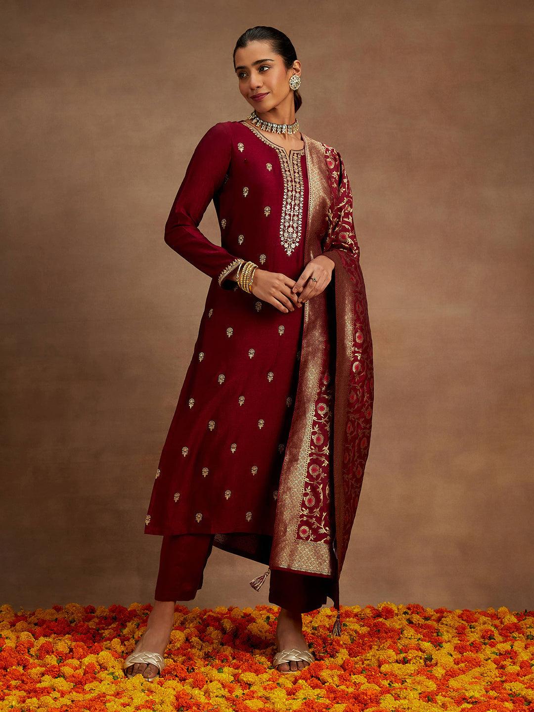 Maroon Embroidered Silk Blend Straight Kurta With Trousers & Dupatta - ShopLibas