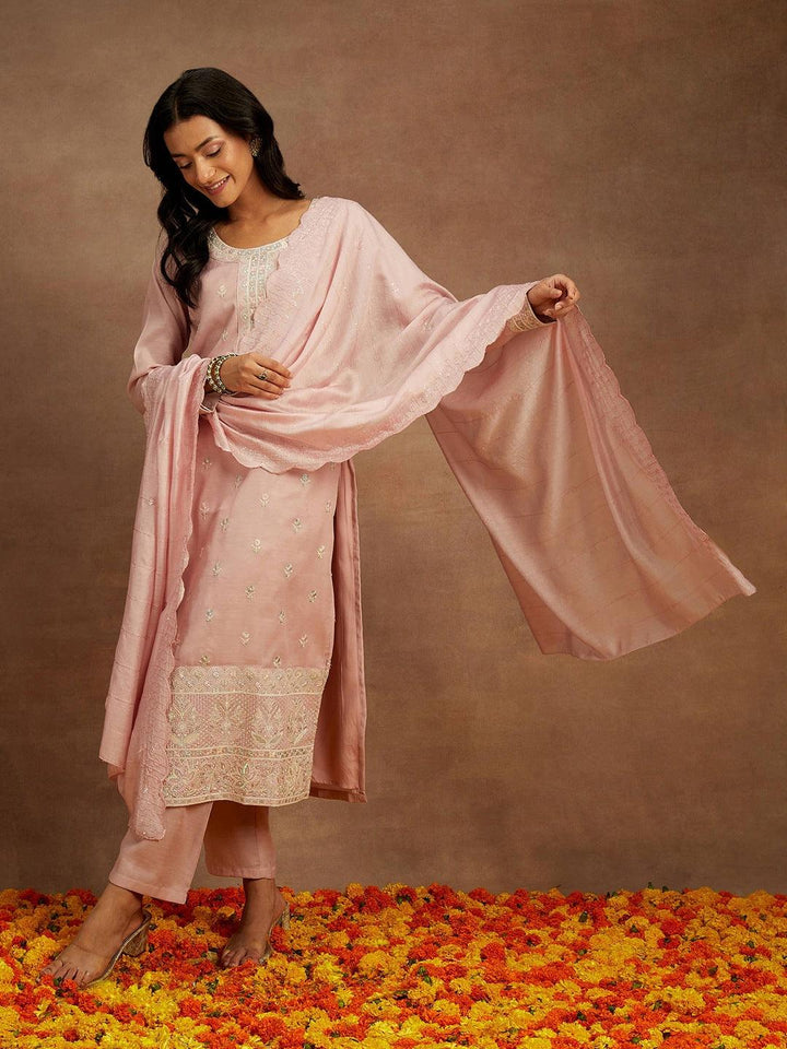 Pink Embroidered Silk Straight Kurta With Trousers & Dupatta - ShopLibas