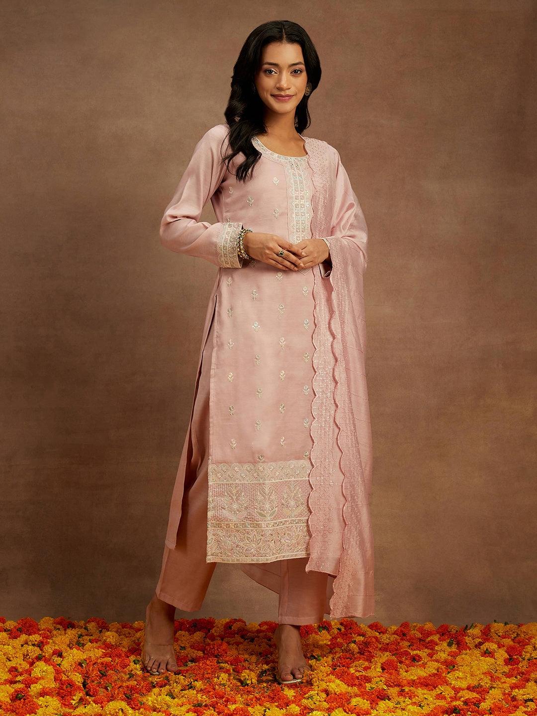 Pink Embroidered Silk Straight Suit With Dupatta