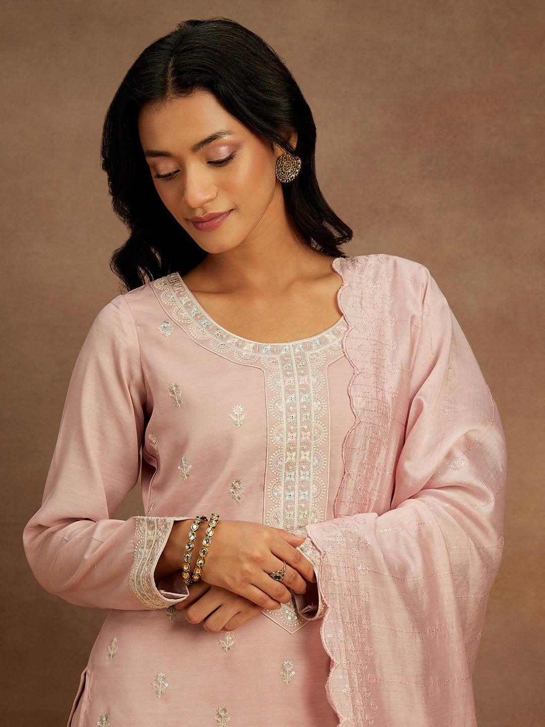 Pink Embroidered Silk Straight Kurta With Trousers & Dupatta - ShopLibas