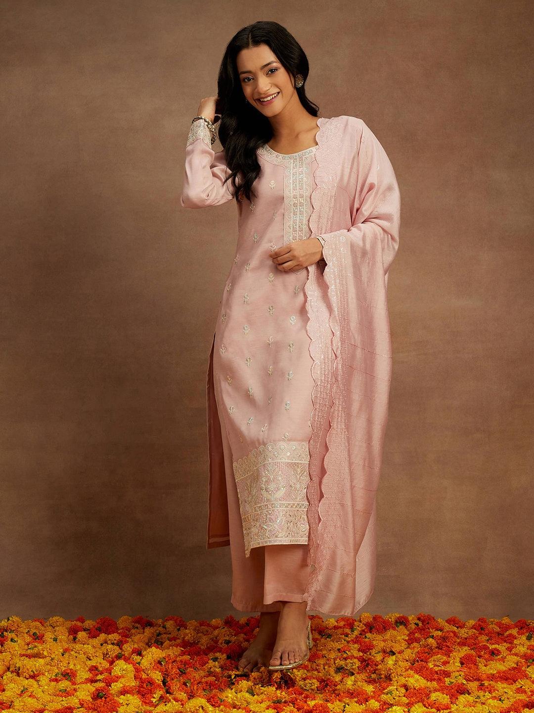 Pink Embroidered Silk Straight Suit With Dupatta