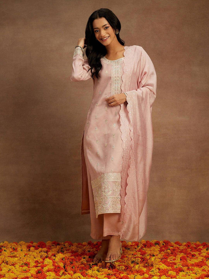 Pink Embroidered Silk Straight Kurta With Trousers & Dupatta - ShopLibas